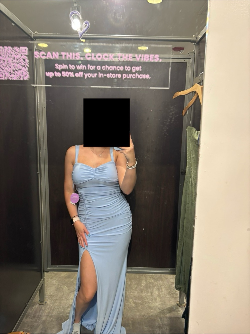 Light Blue Ruched Evening Gown with Side Slit Perfect for Wedding Guest